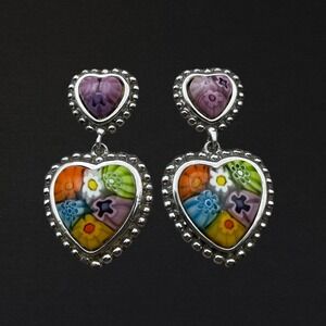 Alan K Sterling Silver Murano Millefiori Heart Dangle‎ Earrings Alan Koulian